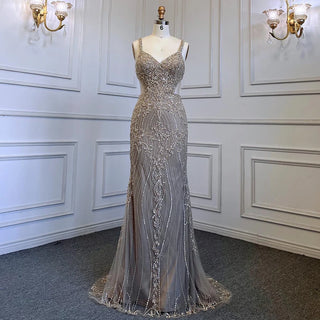 Arabic Grey Mermaid Evening Dress 2024 with Spaghetti Straps, Elegant Beaded Luxury - Ideal for Women's Party