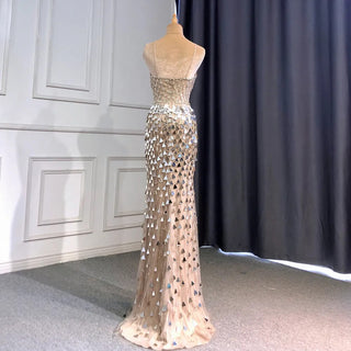 2024 Silver Nude Mermaid Evening Gown: Spaghetti Straps, Sequins, and Beaded Elegance for Women's Party Glamour