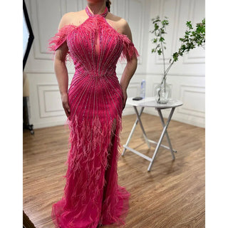 Caramel Mermaid Sleeveless Evening Gown: High Split with Beaded Feathers for Women's Wedding Party 2024