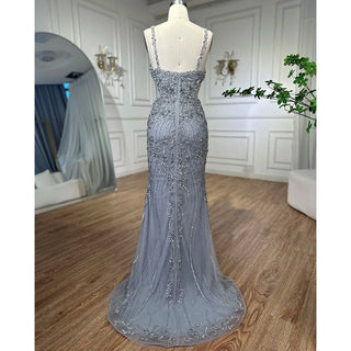 Arabic Grey Mermaid Evening Dress 2024 with Spaghetti Straps, Elegant Beaded Luxury - Ideal for Women's Party