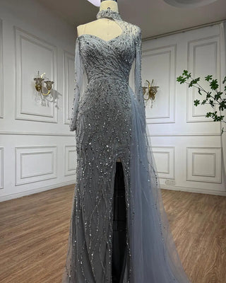 Arabic Blue Mermaid Evening Dress with High Split and Beading - Women's Wedding Party Gown (2024)