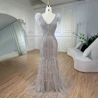 Arabic Mermaid Grey Nude Evening Gown: Elegant Feather Beaded Luxury for Women's Wedding Party 2024