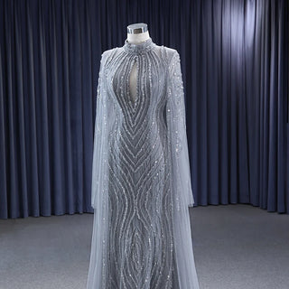 Elegance in Gray: High Neck Formal Evening Dress for Plus Size Women