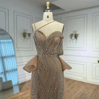 Ships in 2 to 5 Days -2025 Custom Caramel Beaded Mermaid Evening Dress – Formal Gown with Overskirt and Elegant Split