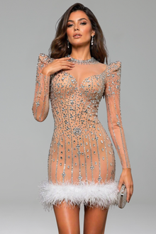 Sheer Embellished Feather Hem Mini Dress - LAROSABRIDE