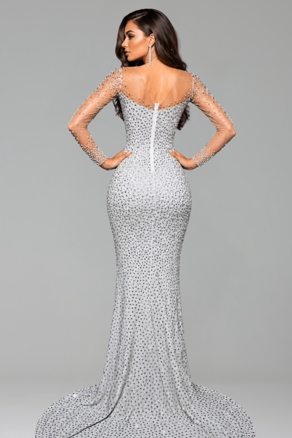 Sheer Sleeve Crystal Embellished Mermaid Gown - LAROSABRIDE