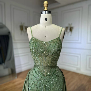 Ships in 2 to 5 Days - Sage Green Beaded Evening Gown – Elegant Dress with Detachable Overskirt for Parties