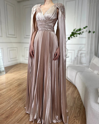 Ships in 2 to 5 Days - 2025 Nude Beaded Satin A-Line Evening Gown with Cape Sleeves - Saudi Arabic Formal Dress