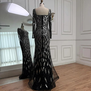 Luxury Black & Silver Sequin‑Embellished Mermaid Evening Gown – Long‑Sleeve 2025 Edition
