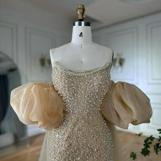 Ships in 2 to 5 Days - 2025 White Beaded Strapless Evening & Wedding Gown with Detachable Puffy Sleeves – Formal Party Dress