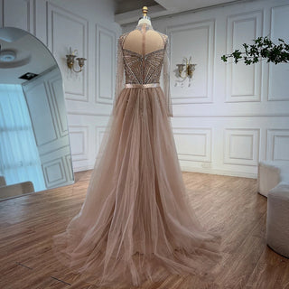 Ships in 2 to 5 Days - Luxury Nude Beaded Arabic-Style Evening Dress – Elegant Gown with Detachable Overskirt