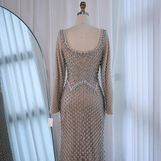 Luxury Pearl Beaded Mermaid Evening Gown with Long Sleeves – Formal Occasion Dress