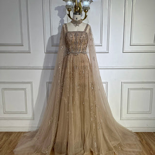2025 Arabic Nude A-Line Cape Sleeve Crystal Beaded Saudi Evening Dresses Gowns for Formal Occasions