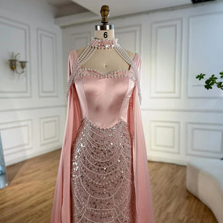 Luxury Arabic Pearl Beaded Mermaid Evening Dress with Cape