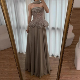 Ships in 2 to 5 Days -Luxury Designer Nude Beaded Chiffon Evening Gown for Women – Elegant Dress for Weddings & Formal Parties