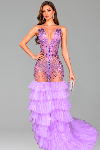 Crystal Embellished Ruffle Mermaid Gown