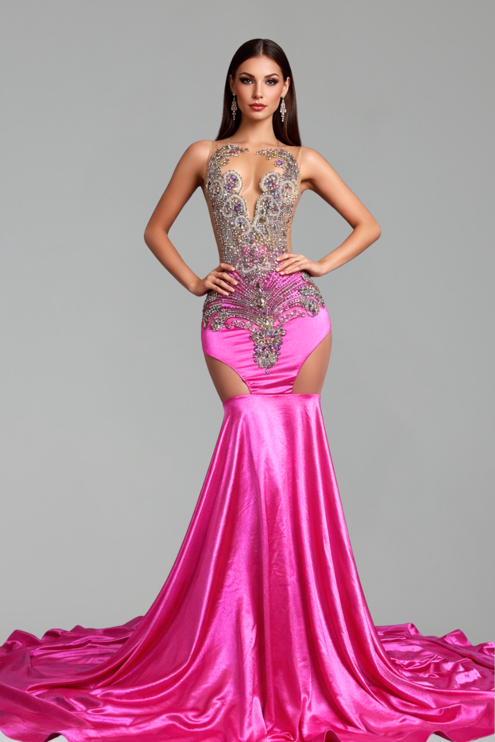 Embellished Halter Deep V Mermaid Gown - LAROSABRIDE