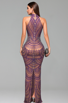 High Neck Beaded Illusion Evening Gown - LAROSABRIDE