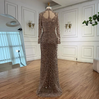 Ships in 2 to 5 Days - Luxury Caramel Beaded Evening Dress – High Neck Long Sleeve Mermaid Gown