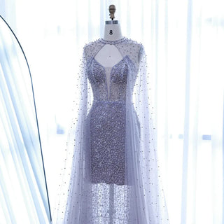 Ships in 2 to 5 Days - Luxury Purple Beaded Sequin Mermaid Evening Gown with Cape – Elegant Formal Dress