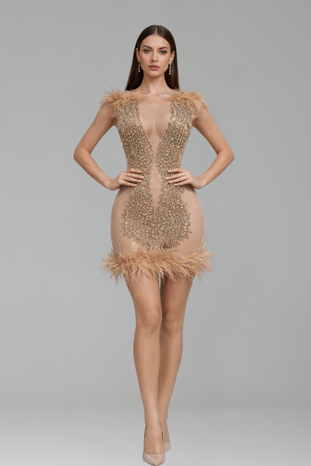 Sheer Nude Crystal Embroidered Mini Dress with Feather Trim - LAROSABRIDE