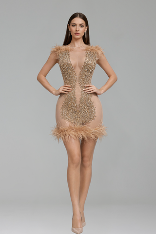 Sheer Nude Crystal Embroidered Mini Dress with Feather Trim - LAROSABRIDE