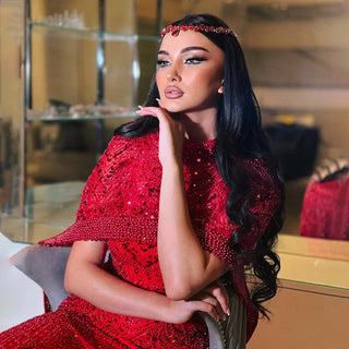 Ships in 2 to 5 Days - Luxury Nude Mermaid Evening Gown with Long Cape – Saudi Arabic Formal Dress