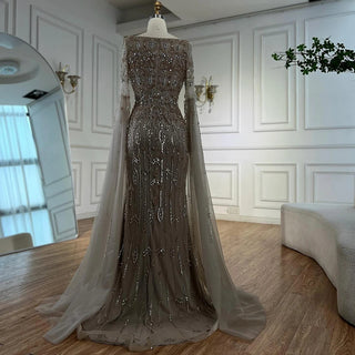 Ships in 2 to 5 Days - Luxury Caramel Saudi-Inspired Evening Dress – Elegant Gown with Long Sleeves and Flowing Cape