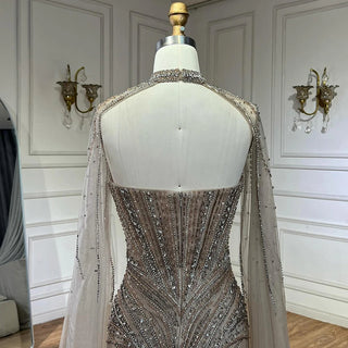 Ships in 2 to 5 Days -Caramel Beaded Feathered Mermaid Evening Dress with Detachable Cape Sleeves – Gown for Formal Occasions