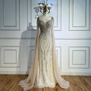 Ships in 2 to 5 Days - Luxury Beige-Pink Beaded Evening Gown – 2025 Formal Dress with Cape Sleeves