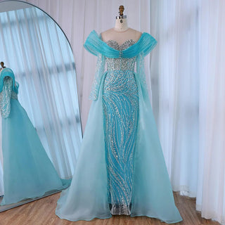 Ships in 2 to 5 Days - Luxury White Nude Beaded Mermaid Evening Dress – Saudi-Inspired Formal Gown with Overskirt