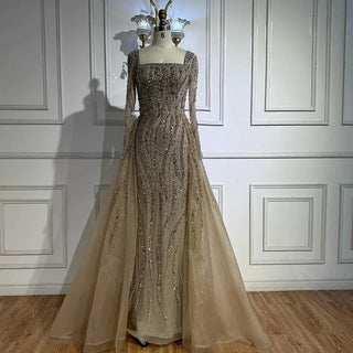 2025 Arabic Caramel Beaded Mermaid Evening Gown with Overskirt – Luxury Formal Dress for Women