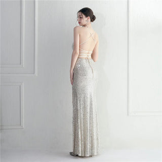 White Sequin Backless Evening Dress with Sexy Slit V-Neck Stretch Cocktail Party Prom Dress
