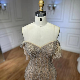 Ships in 2 to 5 Days -2025 Custom Nude Beaded Mermaid Evening Dress – Formal Gown with Feathered Details