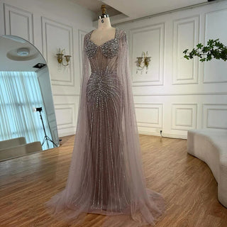 Ships in 2 to 5 Days - Luxury Nude Beaded Evening Dress – Saudi-Inspired Formal Gown with Cape Sleeves