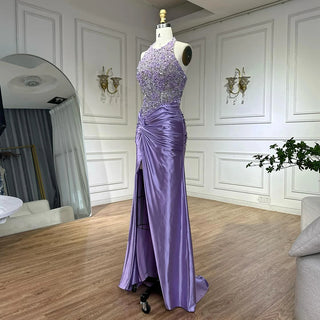 Ships in 2 to 5 Days - 2025 Arabic Lilac Halter Neck Side Slit Mermaid Luxury Dubai Evening Gown Beaded Dress for Women's Party