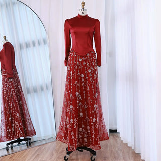 Ships in 2 to 5 Days -Elegant Sage Green Muslim Evening Dress – Modest Gown with Beaded Skirt for Wedding Parties