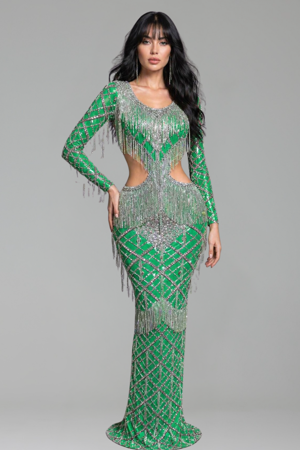 Crystal Fringe Cutout Mesh Gown - LAROSABRIDE