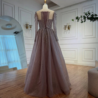 Ships in 2 to 5 Days -Luxury Caramel Sparkly A-Line Evening Dress – Long Sleeve Ball Gown for Prom & Parties