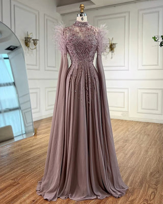 Ships in 2 to 5 Days - Feather-Trimmed High Neck Beaded A-Line Evening Gown with Sheer Cape Sleeves