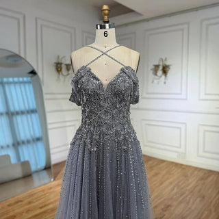 Ships in 2 to 5 Days - Luxury Customized Gray Beaded Arabic Off-Shoulder A-Line Evening Dress – 2025 Collection