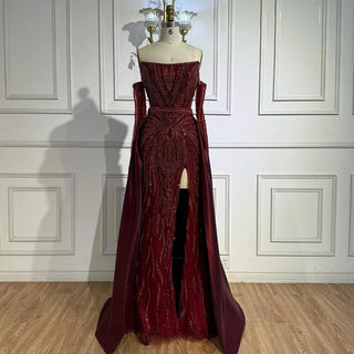 Ships in 2 to 5 Days - Luxury Wine Red Strapless Beaded Evening Gown with Overskirt & Matching Gloves