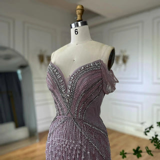 Ships in 2 to 5 Days -2025 Custom Saudi-Style Off-Shoulder Beaded Nude Tulle Mermaid Evening Dress – Formal Occasion Gown