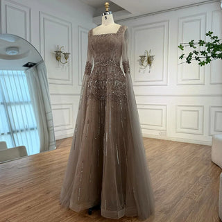 Ships in 2 to 5 Days - Customized Green Beaded A-Line Evening Dress with Cape – Formal Occasion Gown