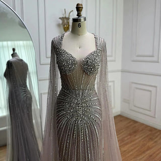 Ships in 2 to 5 Days - Luxury Nude Beaded Evening Dress – Saudi-Inspired Formal Gown with Cape Sleeves