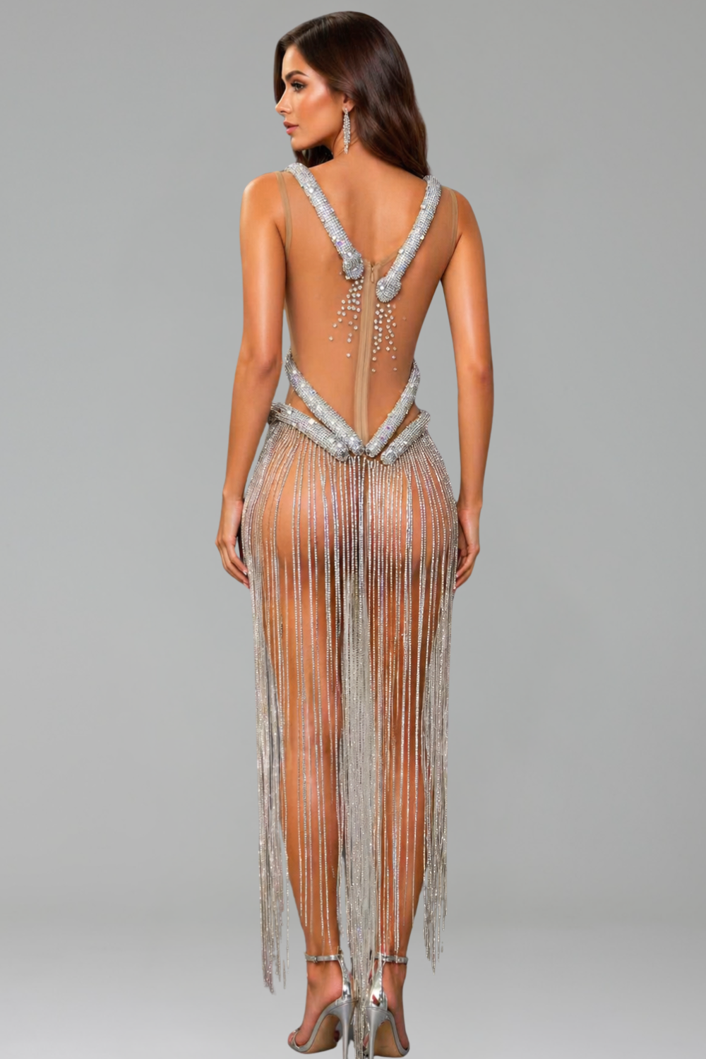 Crystal Fringe Illusion Cutout Dress - LAROSABRIDE