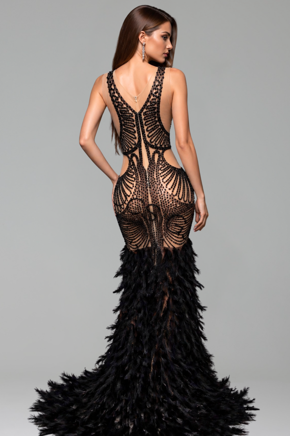 Deep V Illusion Feather Hem Gown - LAROSABRIDE