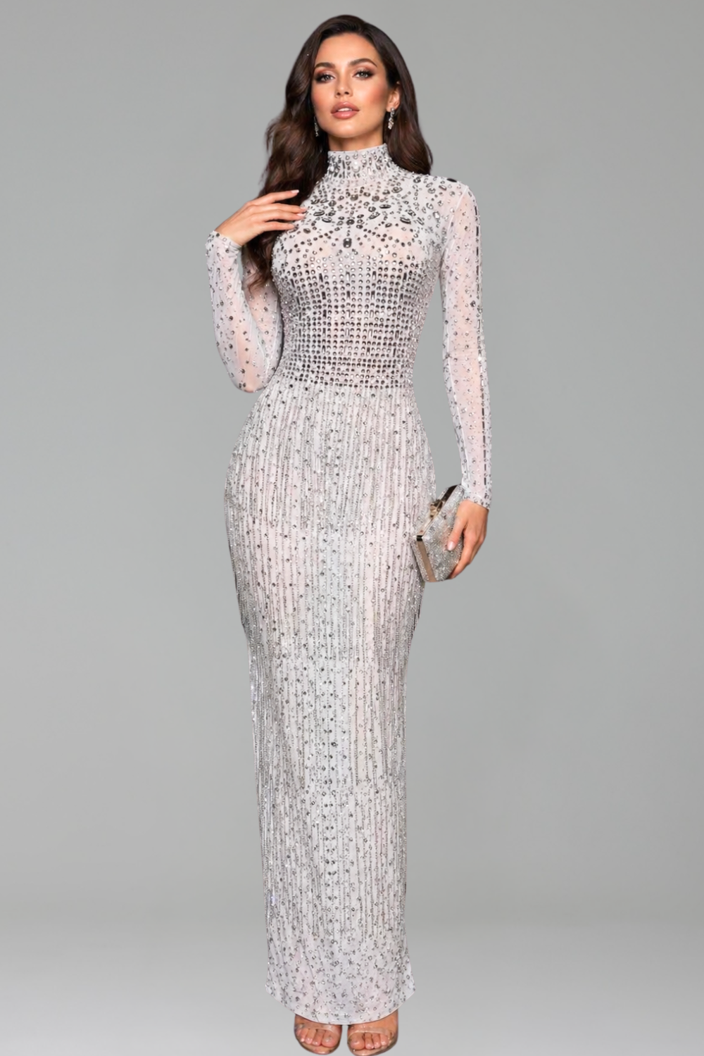 High Neck Sheer Crystal Column Gown - LAROSABRIDE