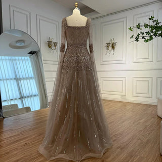 Ships in 2 to 5 Days - Customized Green Beaded A-Line Evening Dress with Cape – Formal Occasion Gown