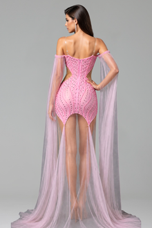 Beaded Illusion Cape Mini Dress - LAROSABRIDE